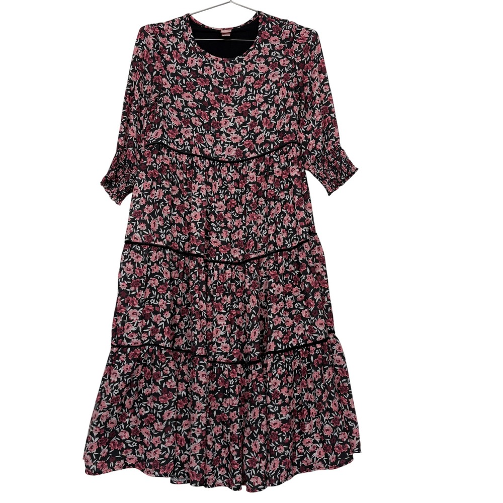 Nom Women Maternity Tiered Midi Dress XS Pink Black Floral Smocked Sleeve Velvet